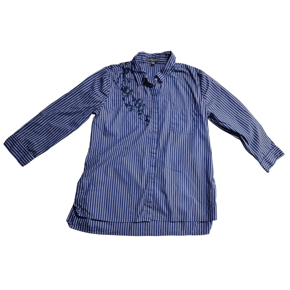 Alexander Jordan Blue White Striped Floral Embroidered Button Down Tunic Shirt L